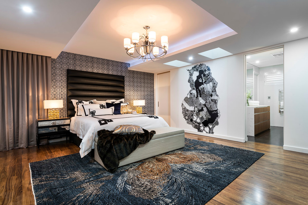 Inspiration for a bedroom in Perth with multi-coloured walls and dark hardwood flooring.