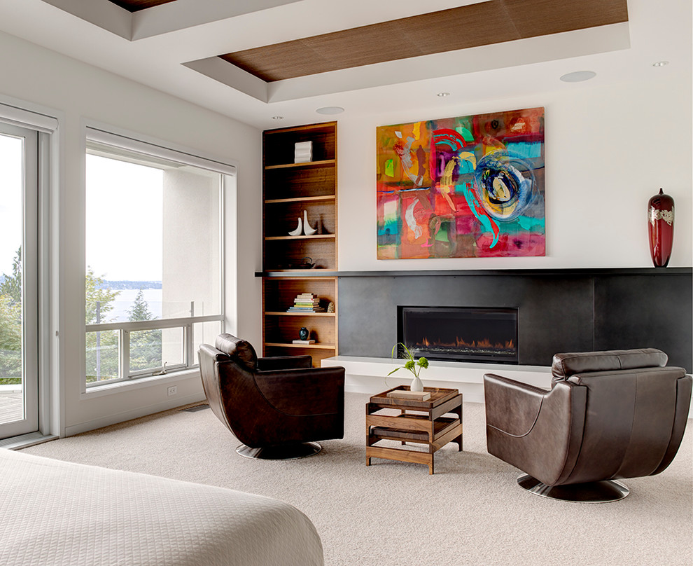 シアトルにあるコンテンポラリースタイルのおしゃれな主寝室 (白い壁、カーペット敷き、横長型暖炉、金属の暖炉まわり) のレイアウト