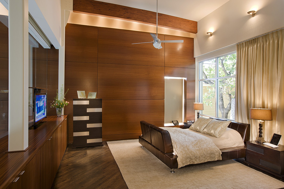 Contemporary bedroom in Austin with dark hardwood flooring and no fireplace.