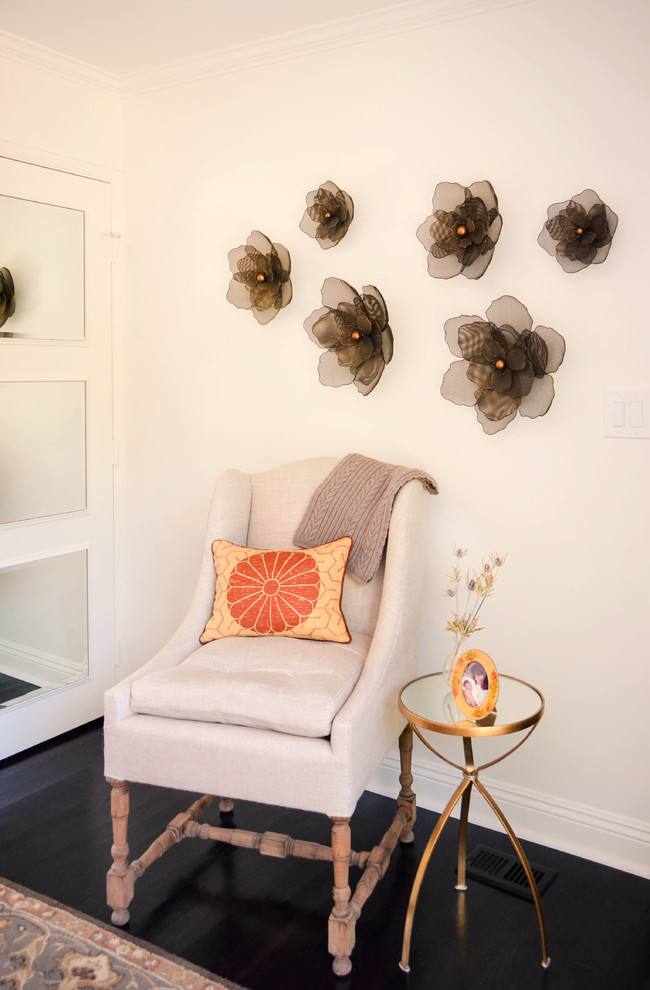 Example of a mid-sized tuscan guest dark wood floor and brown floor bedroom design in Los Angeles with white walls and no fireplace