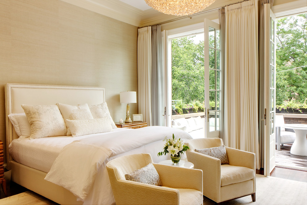 Bedroom - mid-sized transitional master medium tone wood floor bedroom idea in Chicago with beige walls