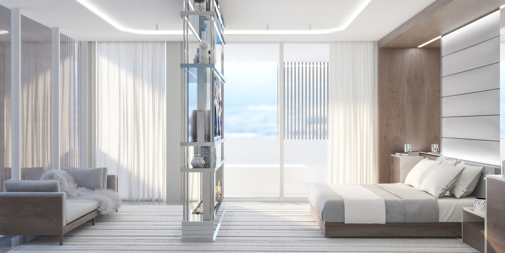 Geräumiges Modernes Hauptschlafzimmer mit beiger Wandfarbe, Marmorboden, Tunnelkamin, Kaminumrandung aus Metall und weißem Boden in Miami