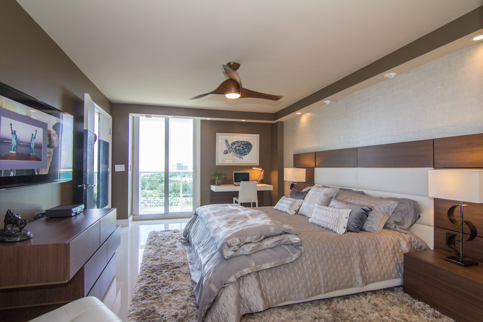 Contemporary grey and brown bedroom in Newark with grey walls.