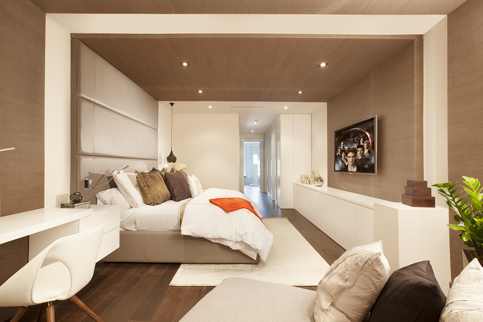 Example of a trendy master dark wood floor bedroom design in Miami with brown walls