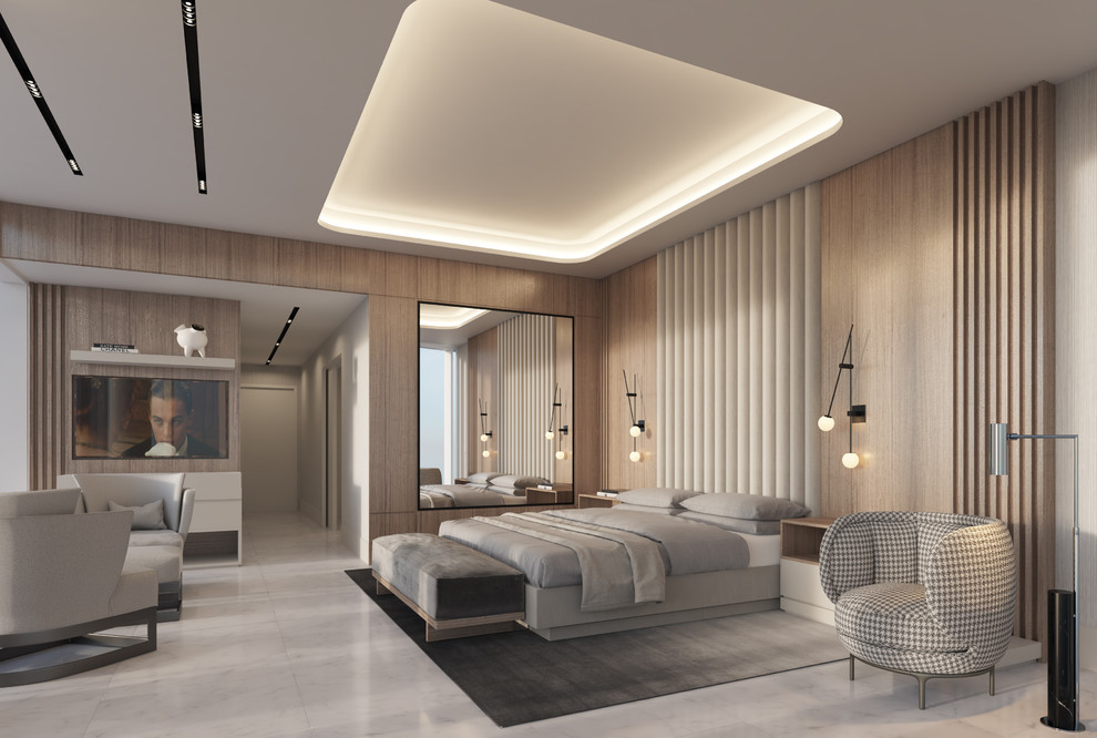 Diseño de dormitorio principal minimalista grande con paredes multicolor, suelo de mármol y suelo blanco