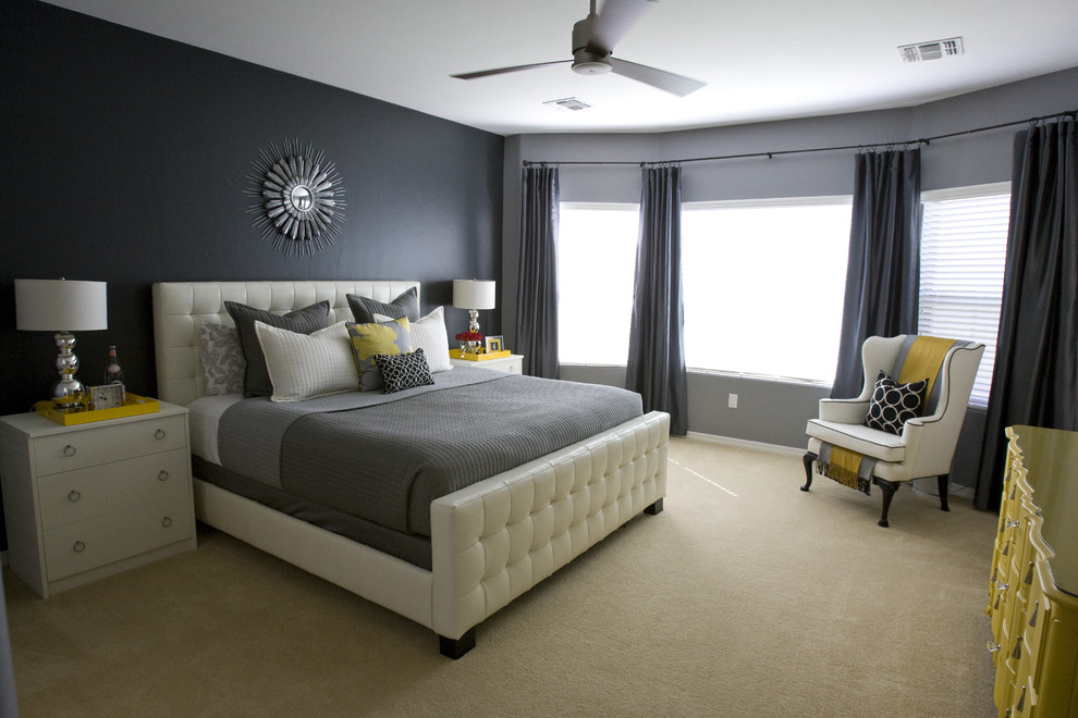 Bedroom - contemporary carpeted bedroom idea in Salt Lake City with black walls