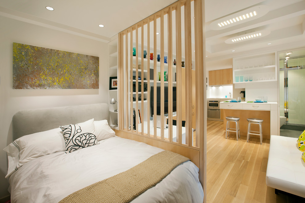 Bedroom - small scandinavian master light wood floor and brown floor bedroom idea in New York with white walls and no fireplace