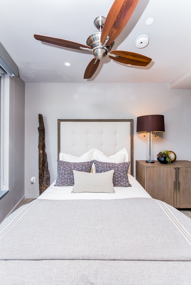 Imagen de habitación de invitados actual de tamaño medio sin chimenea con paredes blancas y suelo de madera clara