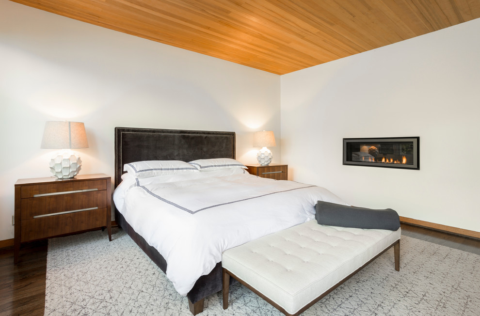 ポートランドにある中くらいなミッドセンチュリースタイルのおしゃれな主寝室 (白い壁、濃色無垢フローリング、金属の暖炉まわり、茶色い床) のインテリア