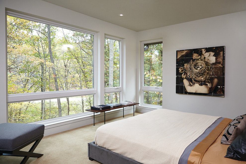 На фото: спальня в стиле ретро с белыми стенами и ковровым покрытием