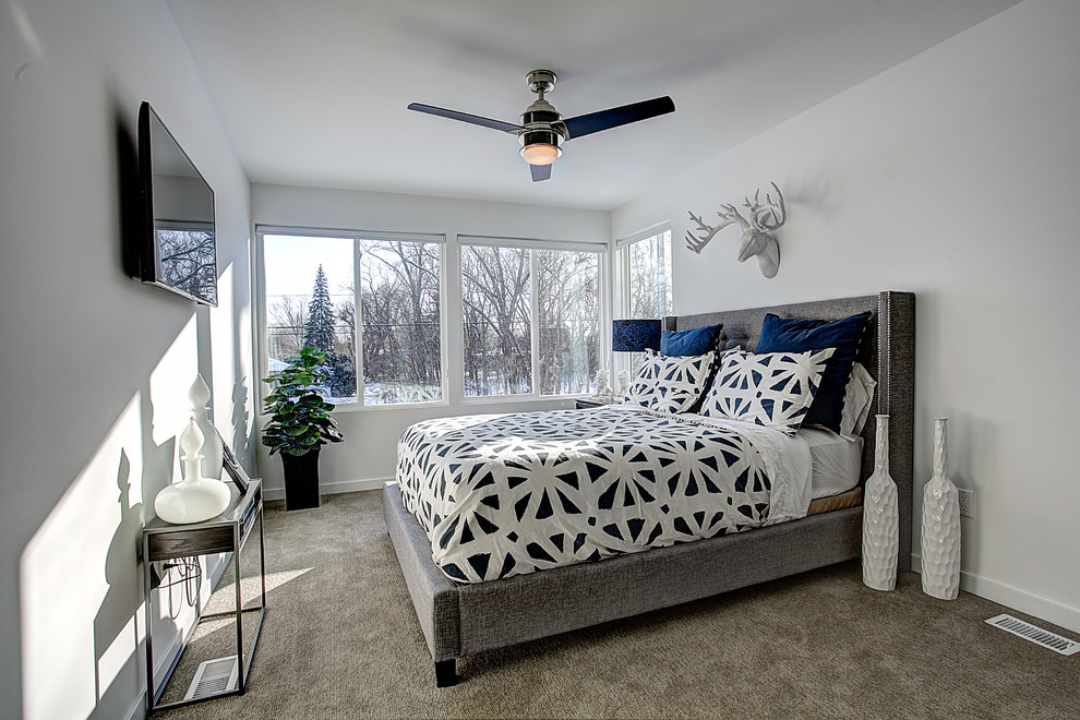 Example of a large transitional master carpeted bedroom design in Grand Rapids with white walls and no fireplace