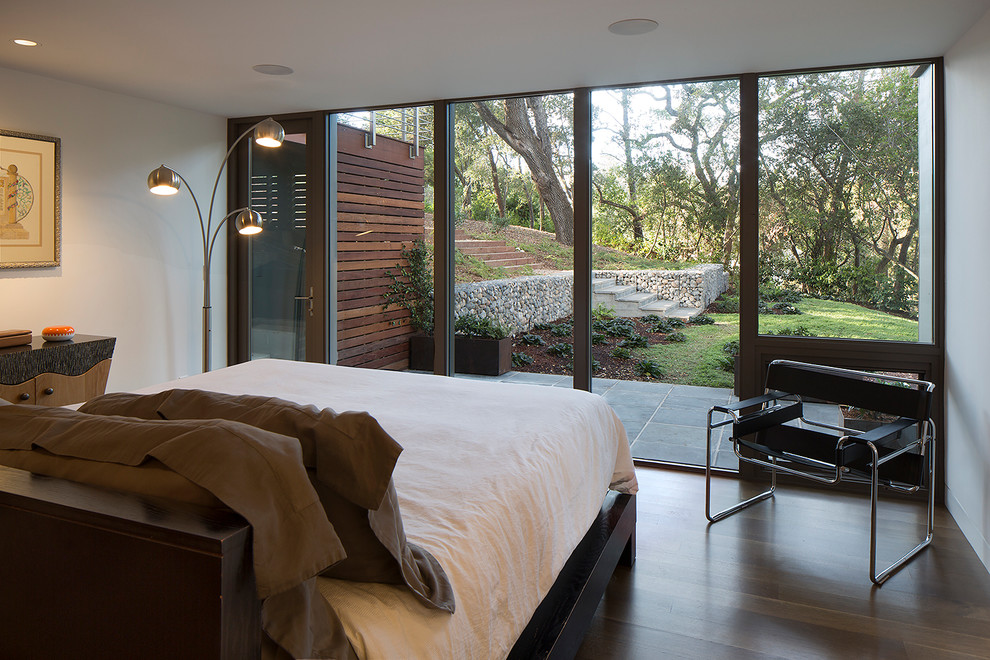 Inspiration for a medium sized midcentury master bedroom in San Francisco with white walls, no fireplace and dark hardwood flooring.