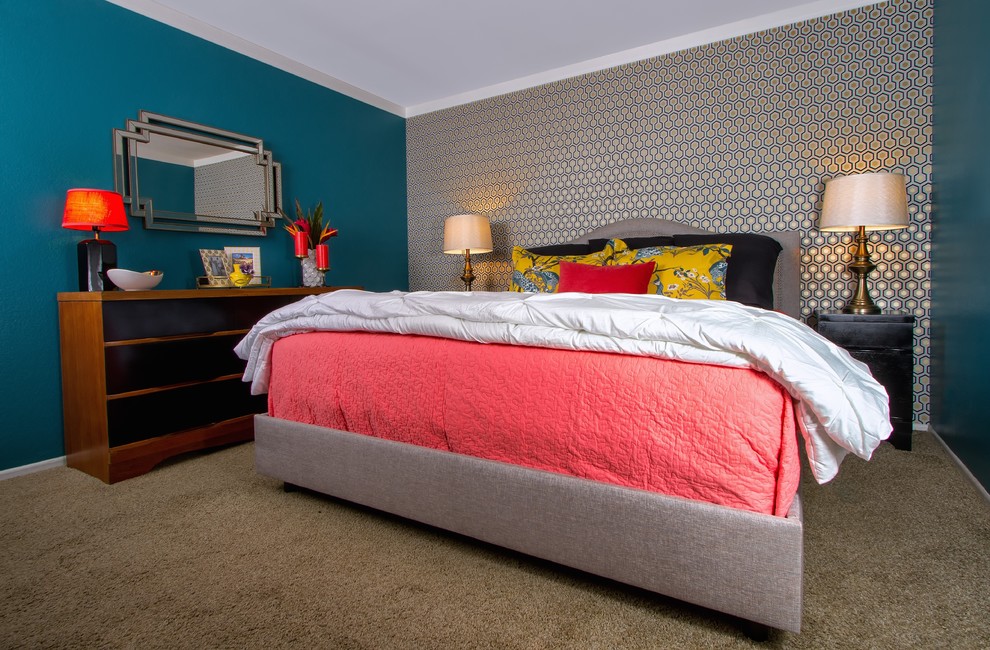 Mid-sized eclectic master carpeted bedroom photo in Orange County with no fireplace