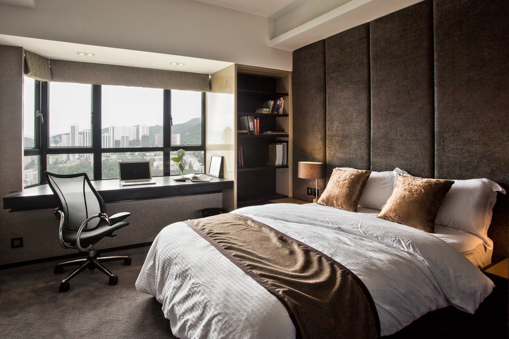 香港にあるコンテンポラリースタイルのおしゃれな寝室 (カーペット敷き) のインテリア