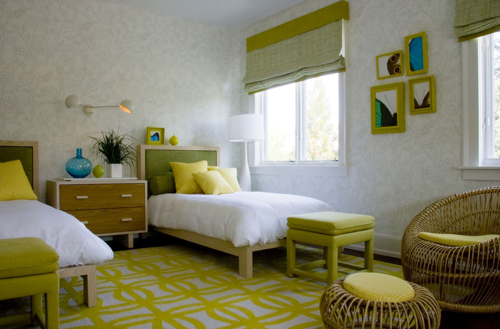 Mid-century modern guest bedroom photo in New York with white walls and no fireplace