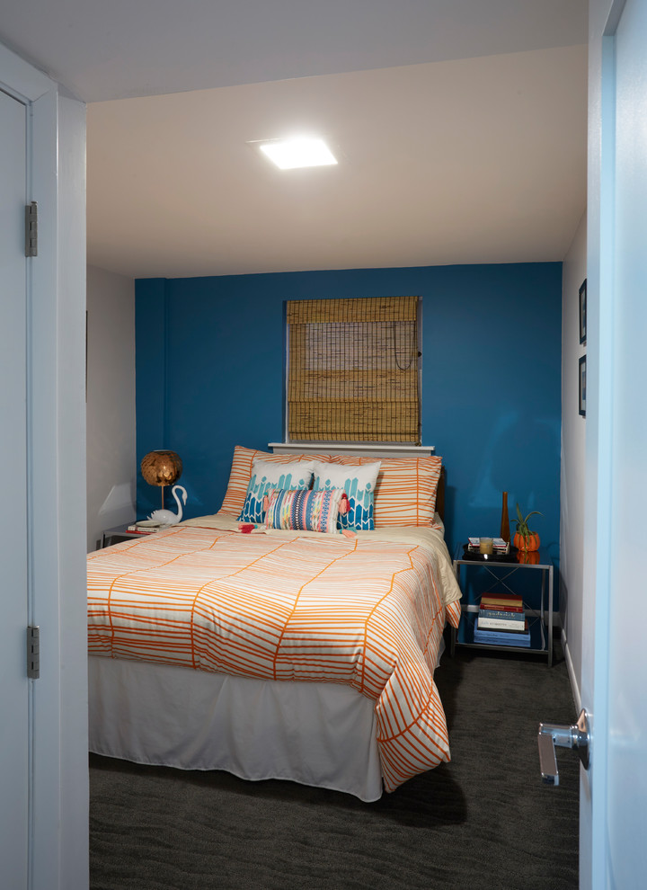 Ispirazione per una piccola camera degli ospiti moderna con pareti blu, moquette e pavimento grigio
