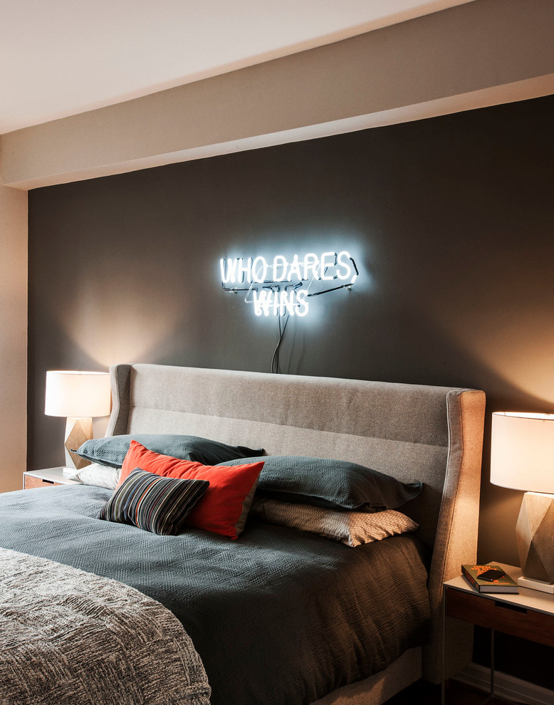 Bedroom - mid-sized contemporary master medium tone wood floor bedroom idea in New York with gray walls