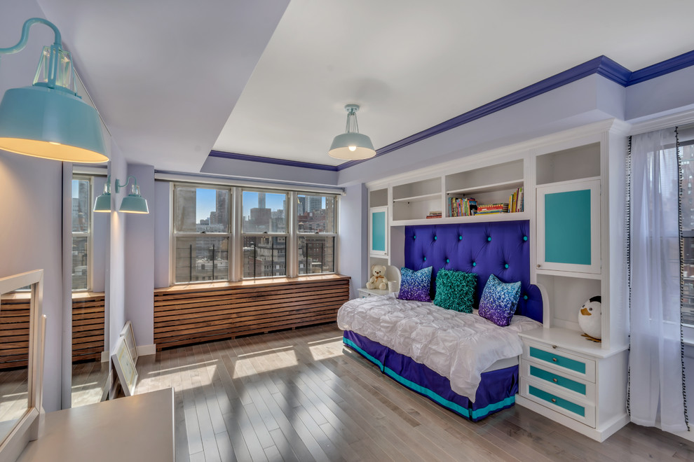 Medium sized modern guest bedroom in New York with grey walls, no fireplace, light hardwood flooring and beige floors.