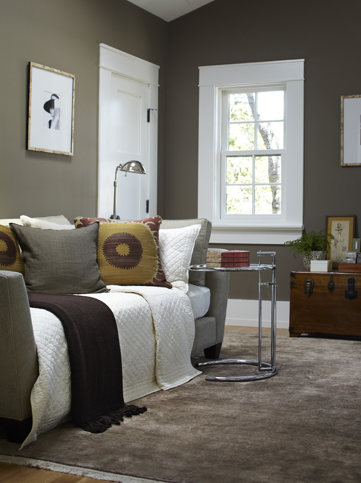 This is an example of a classic grey and silver bedroom in San Francisco with grey walls.