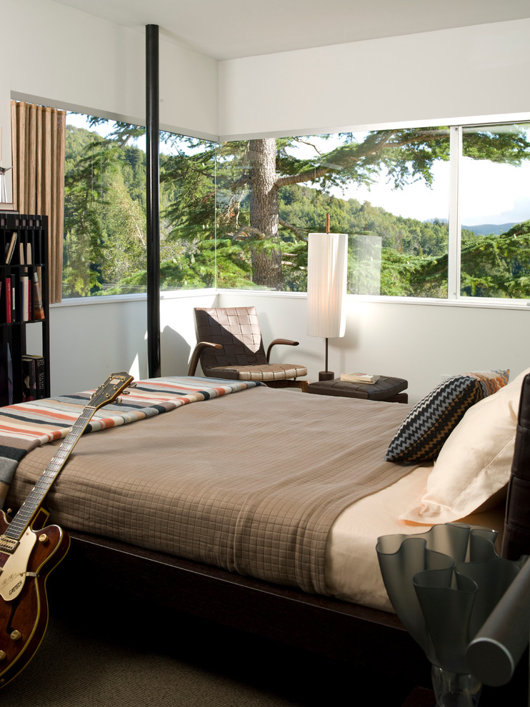 Inspiration for a modern master bedroom remodel in San Francisco with white walls