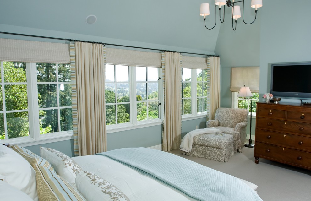 Mid-sized elegant master carpeted and gray floor bedroom photo in San Francisco with blue walls and no fireplace