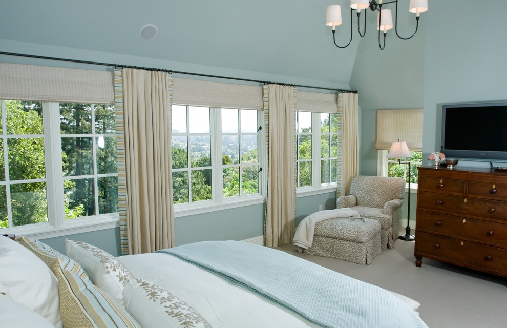 Свежая идея для дизайна: хозяйская спальня среднего размера в классическом стиле с синими стенами, ковровым покрытием, серым полом и телевизором без камина - отличное фото интерьера
