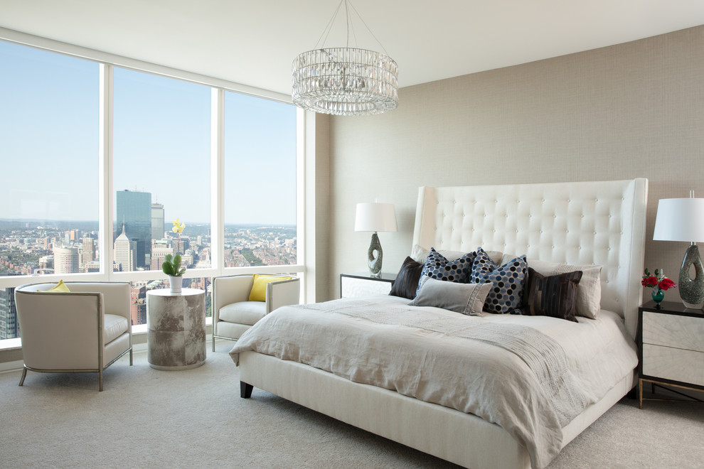 Inspiration för moderna sovrum, med grå väggar, heltäckningsmatta och grått golv