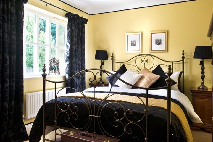 Imagen de habitación de invitados contemporánea de tamaño medio con paredes amarillas y moqueta