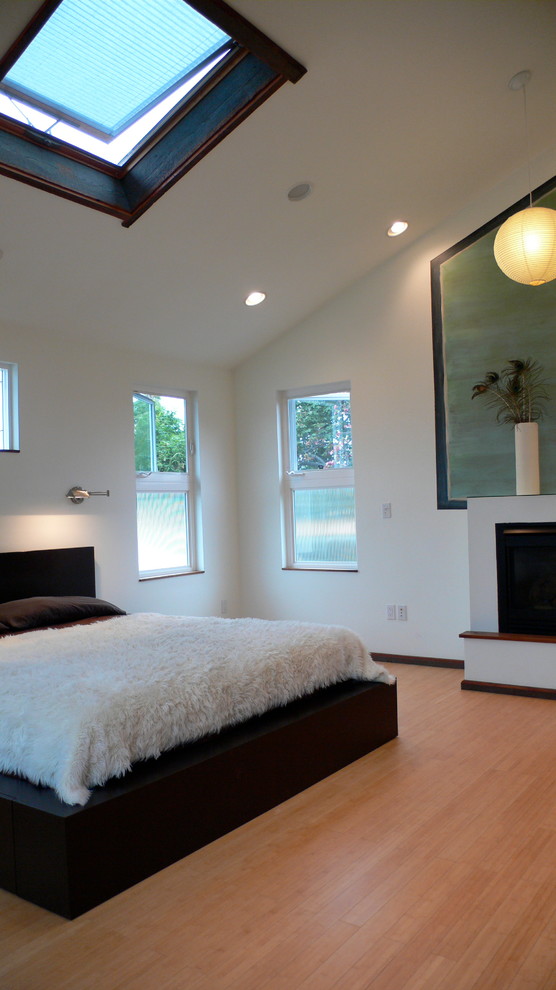 ロサンゼルスにある小さなビーチスタイルのおしゃれな主寝室 (白い壁、竹フローリング、標準型暖炉、漆喰の暖炉まわり) のインテリア