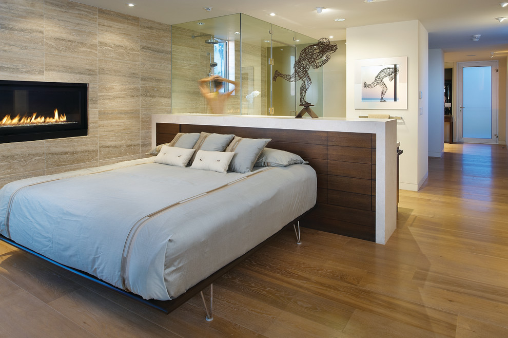 Trendy medium tone wood floor bedroom photo in San Diego with a ribbon fireplace and a stone fireplace