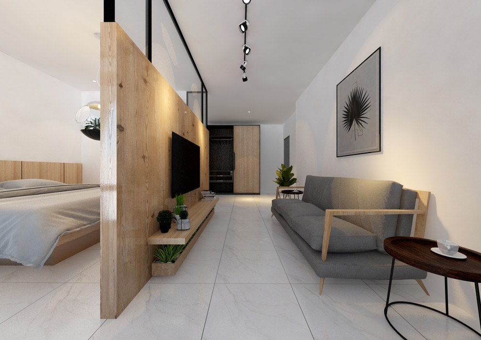 他の地域にある中くらいなコンテンポラリースタイルのおしゃれな客用寝室 (白い壁、セラミックタイルの床、グレーの床) のレイアウト