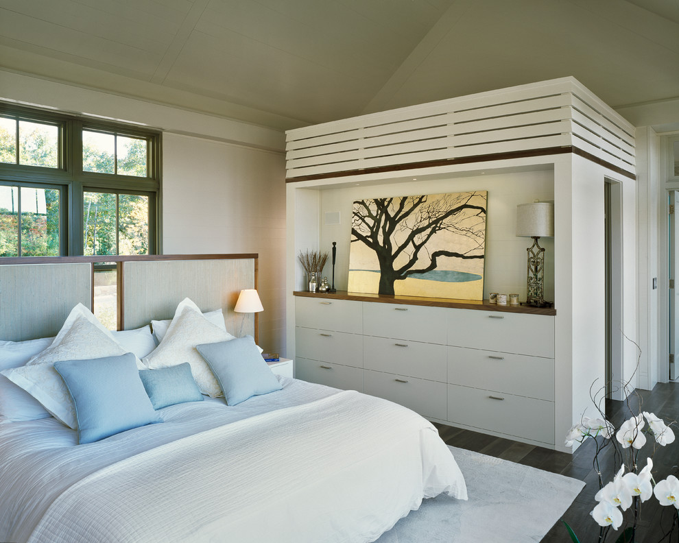 Immagine di una camera da letto classica con pareti beige e parquet scuro