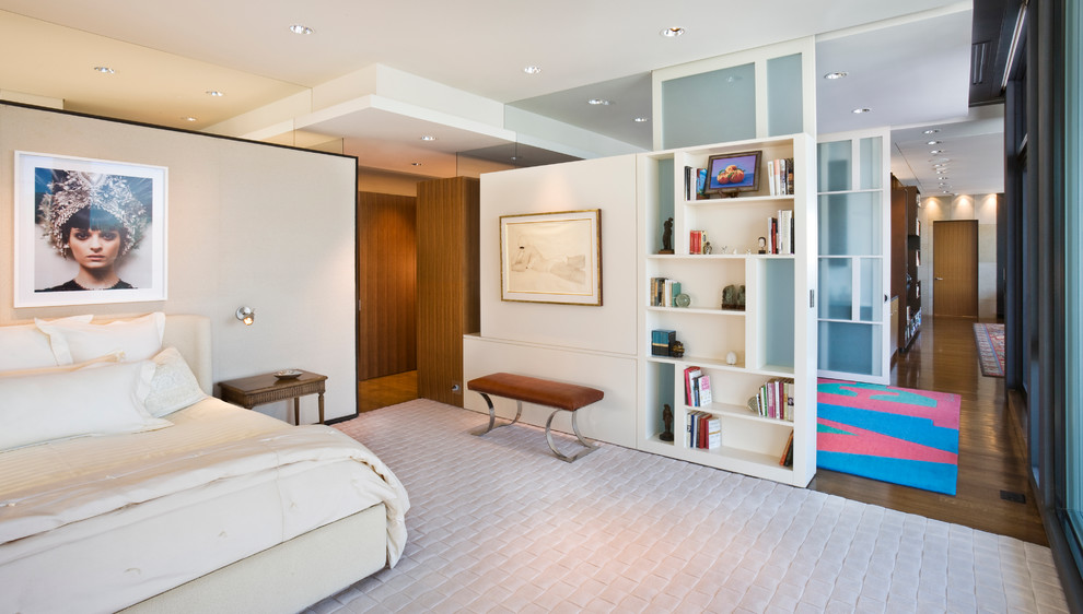Bedroom - contemporary loft-style dark wood floor bedroom idea in Minneapolis with white walls