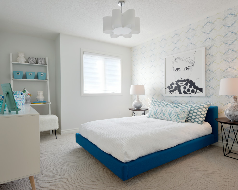 Inspiration för ett funkis sovrum, med vita väggar, heltäckningsmatta och grått golv