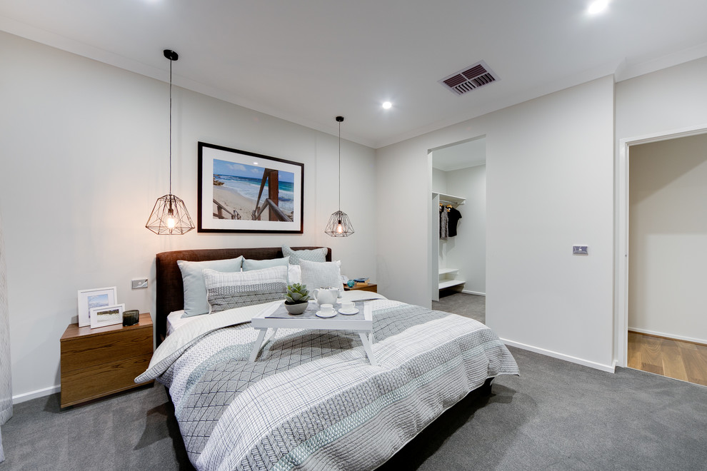 Inspiration for a contemporary grey and brown bedroom in Perth with white walls and carpet.