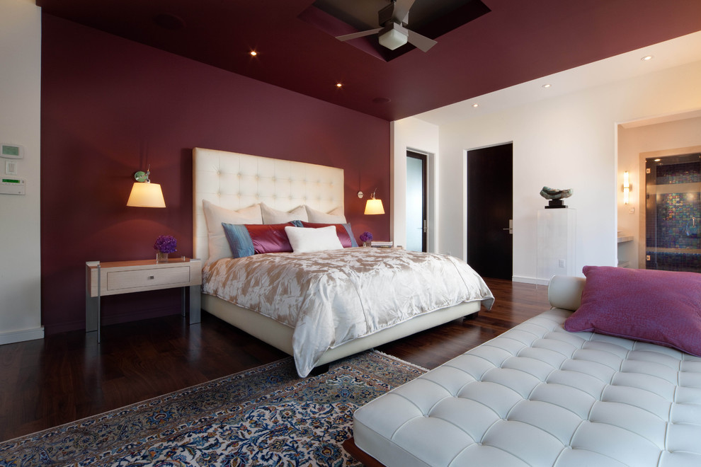 Example of a minimalist bedroom design in Orlando with purple walls