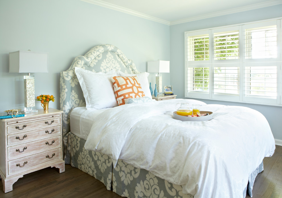 Mid-sized transitional master dark wood floor bedroom photo in New York with blue walls and no fireplace