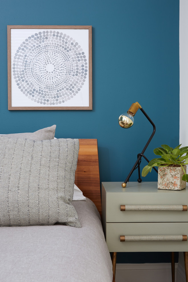 Minimalist carpeted bedroom photo in Charleston with blue walls and no fireplace
