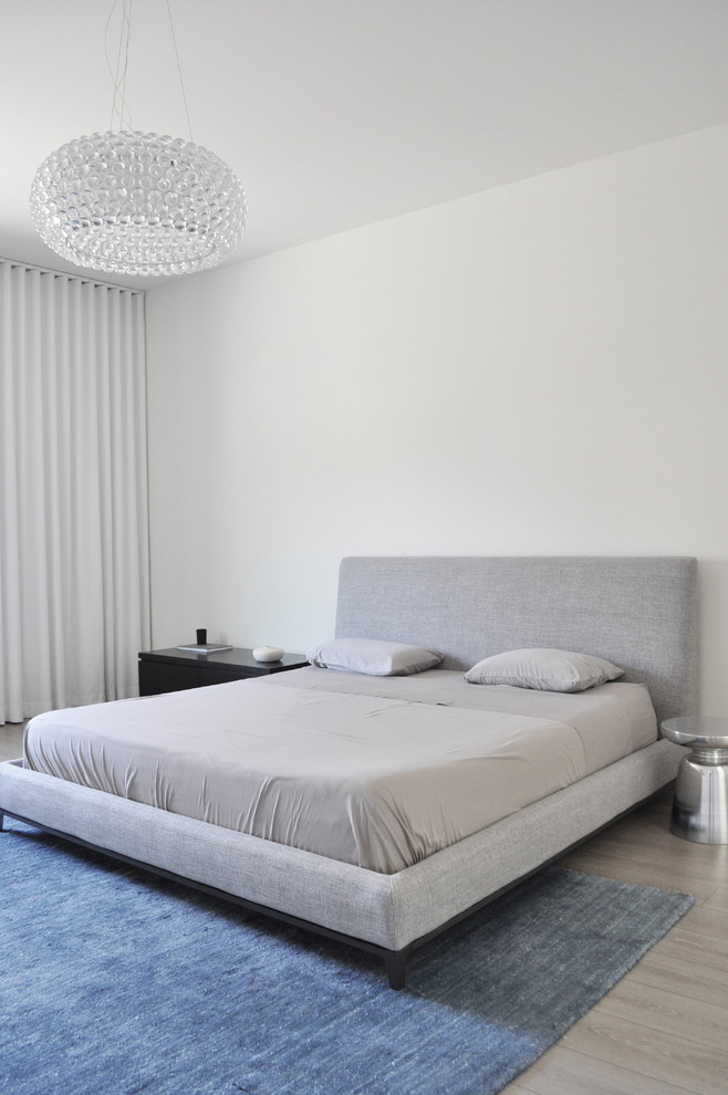 Foto de dormitorio principal contemporáneo de tamaño medio con paredes blancas y suelo de madera clara