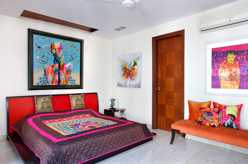 Medium sized bohemian master bedroom in Delhi with white walls, marble flooring and white floors.