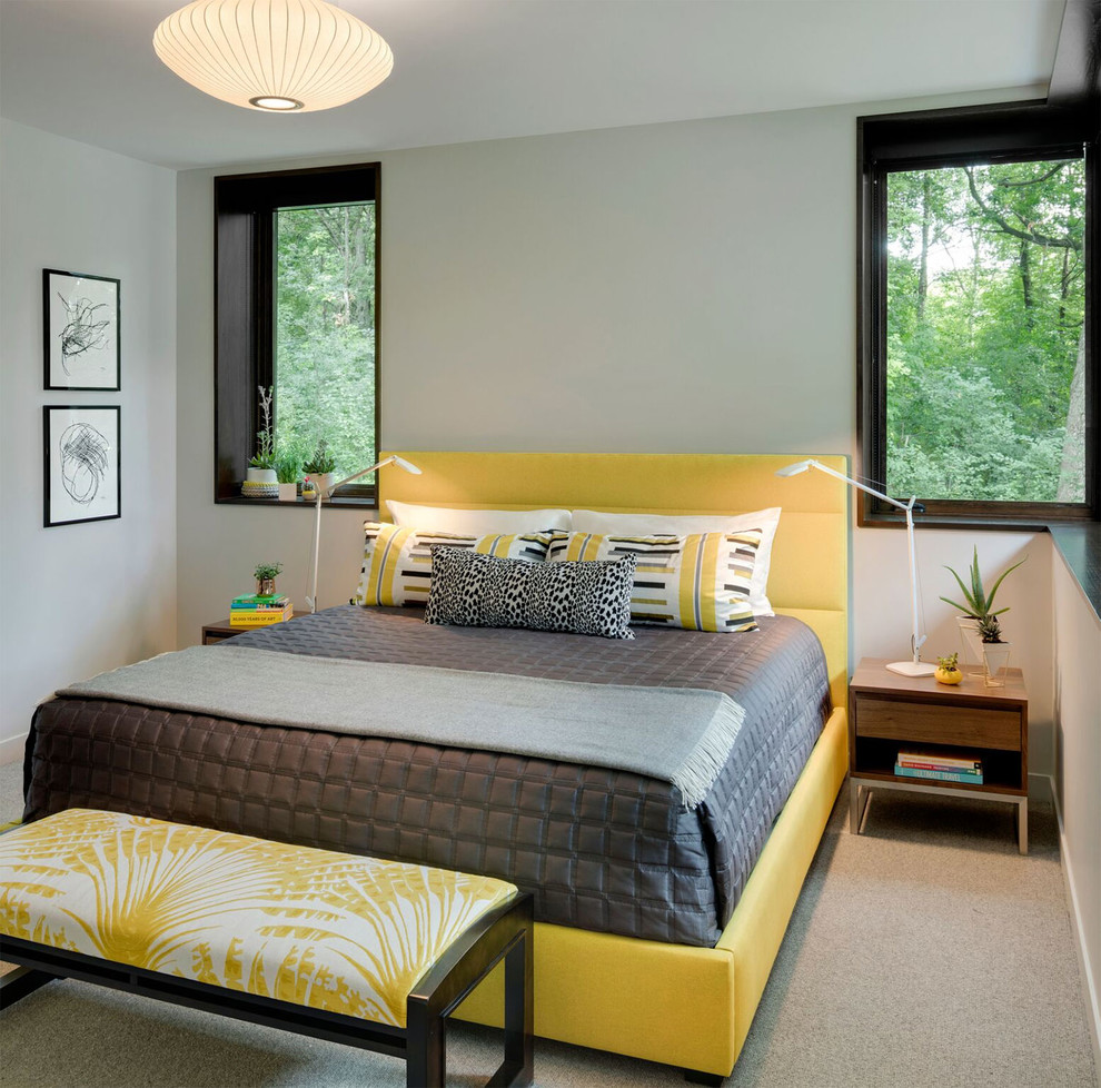 This is an example of a contemporary bedroom in Minneapolis with grey walls, carpet and grey floors.