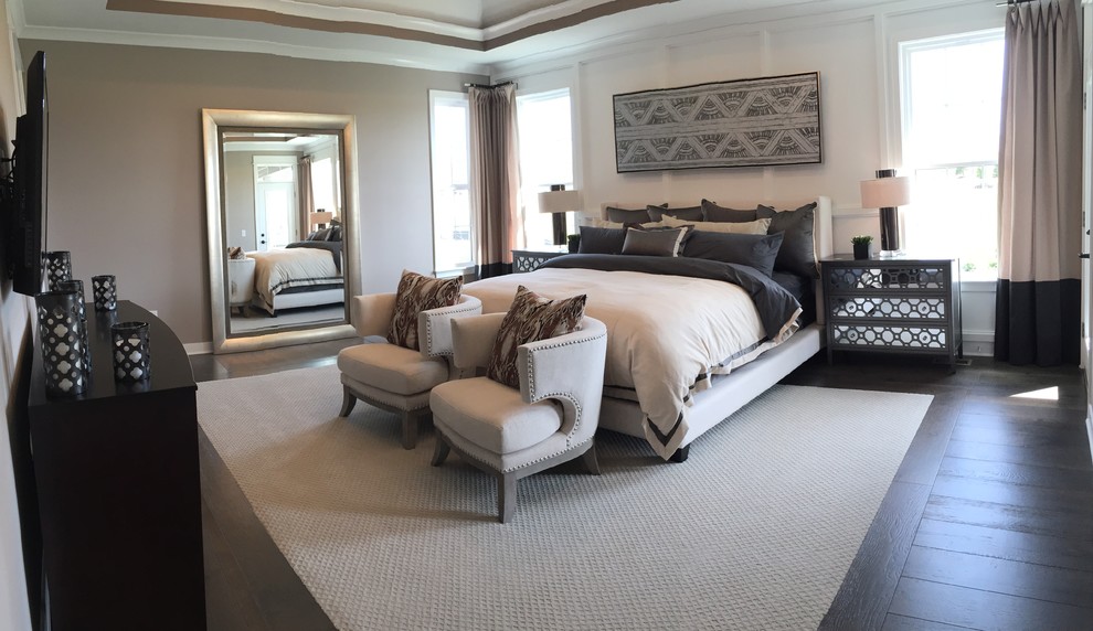 Inspiration for a large classic master bedroom in Indianapolis with beige walls, dark hardwood flooring and no fireplace.