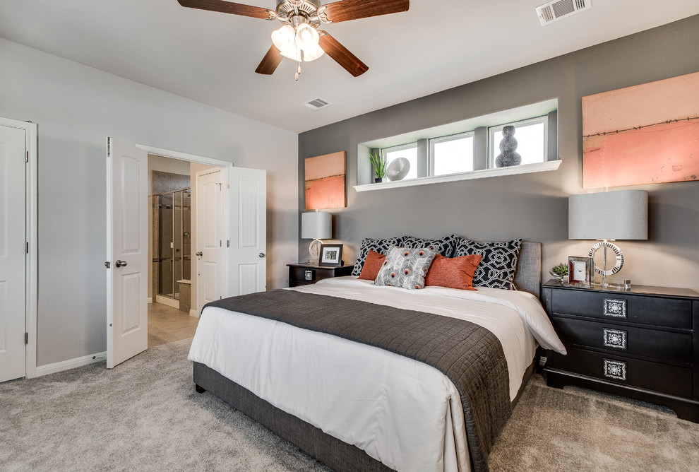 Bedroom - contemporary master carpeted bedroom idea in Austin with gray walls