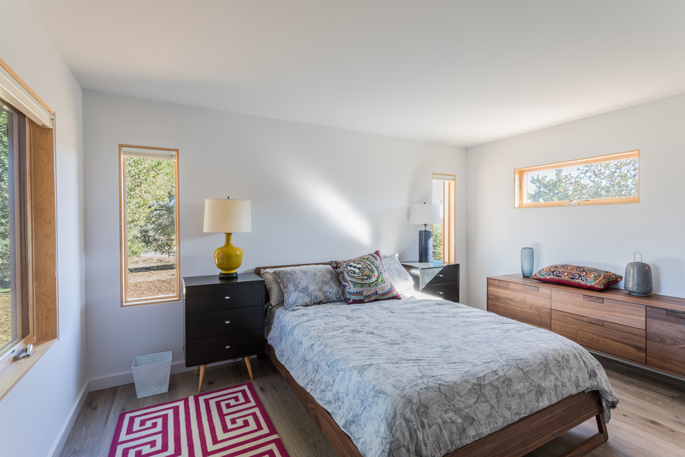 Imagen de dormitorio principal minimalista pequeño sin chimenea con paredes blancas, suelo de madera en tonos medios y suelo marrón