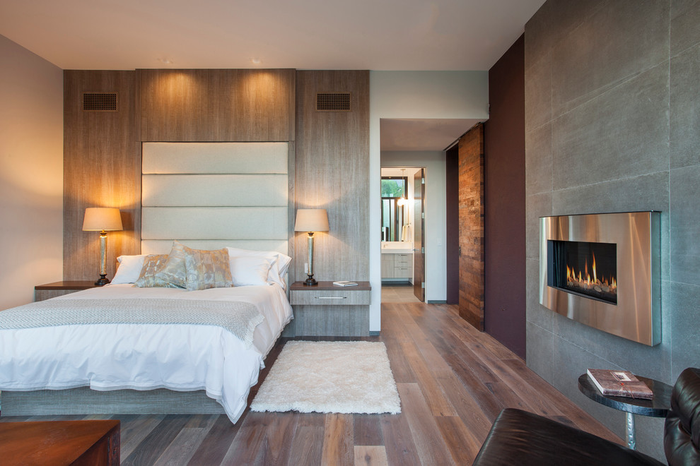 サンタバーバラにある中くらいなコンテンポラリースタイルのおしゃれな主寝室 (グレーの壁、淡色無垢フローリング、標準型暖炉、タイルの暖炉まわり) のインテリア