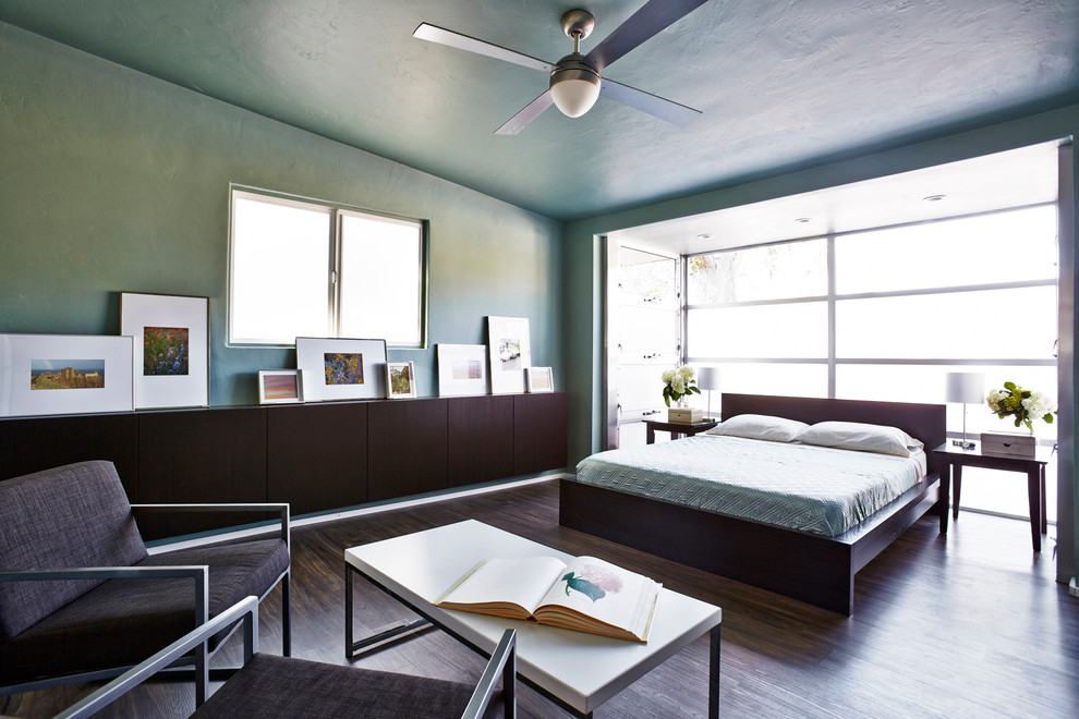 Идея дизайна: большая хозяйская спальня в современном стиле с зелеными стенами