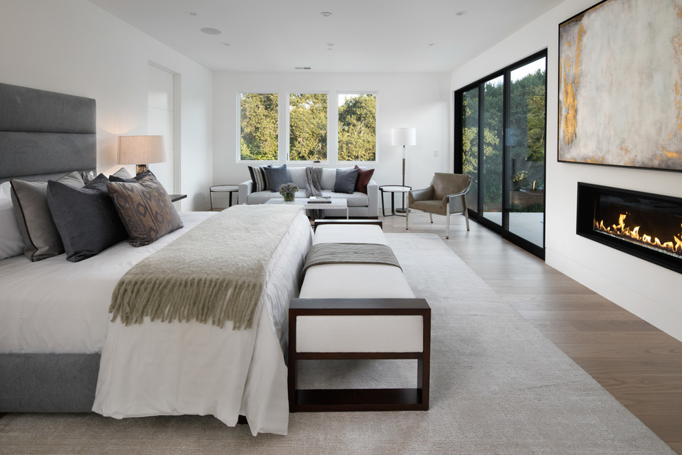 Cette image montre une chambre parentale design avec un mur blanc, parquet foncé, une cheminée ribbon et un sol marron.