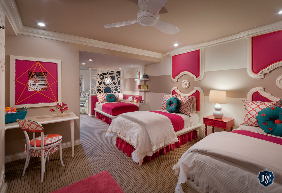 Inspiration for a large modern carpeted bedroom remodel in Phoenix with multicolored walls and no fireplace