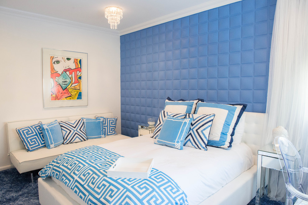 Contemporary bedroom in New York with blue walls and blue floors.