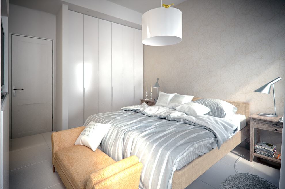 На фото: хозяйская спальня среднего размера в современном стиле с бежевыми стенами и полом из керамической плитки без камина с